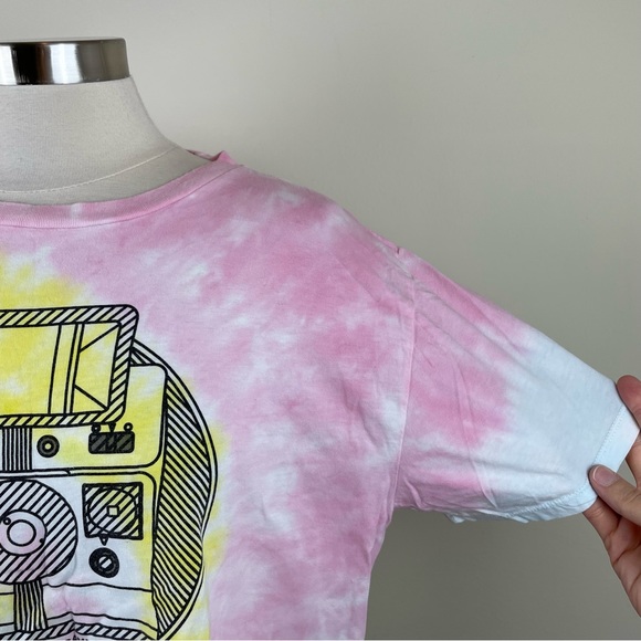 Polaroid Pink Yellow White Tie Dye Camera Short Sleeve Crop Top Women 3XL - Picture 3 of 6